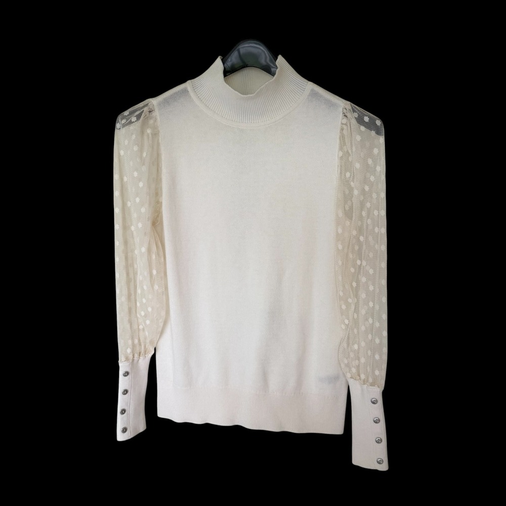Talbots Womens Cream Swiss Dot Mesh Puff Sleeve Mock Neck Sweater Small White‎